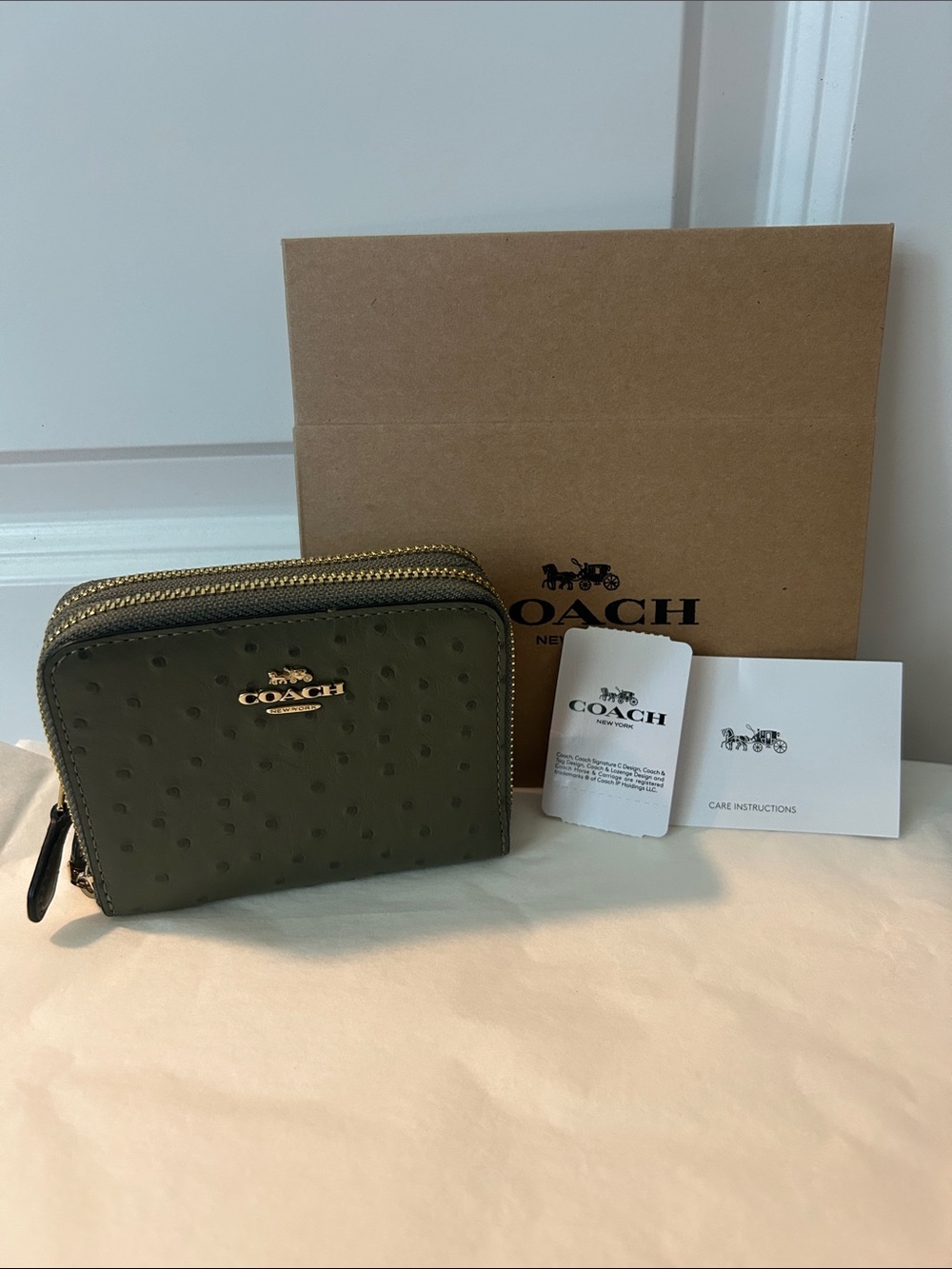 Coach Olive Ostrich-Embossed Double-Zip Wallet with Gold Hardware